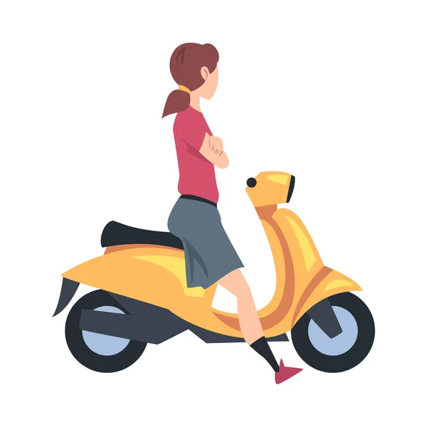 Young Woman Riding Scooter, Side View of Girl Sitting on Yellow Motorbike Cartoon Style Vector Illustration — Stock Vector