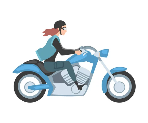 Young Woman Riding Motorcycle, Side View of Girl Biker Character in Casual Clothes and Helmet Driving Blue Chopper Cartoon Style Vector Illustration — Stock Vector