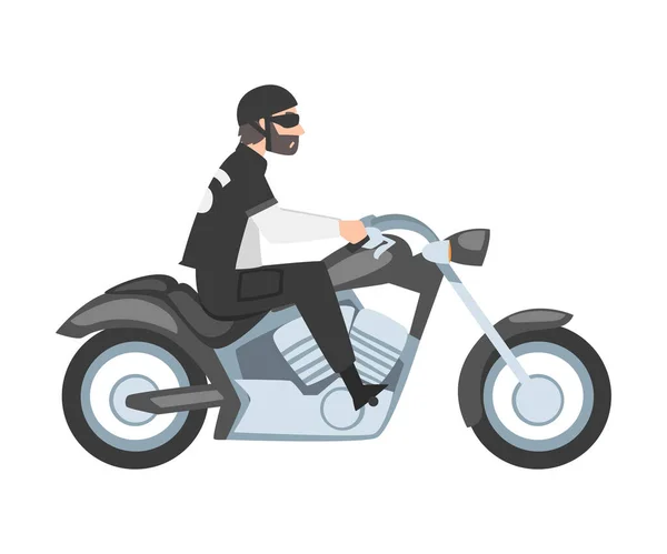 Homem barbudo equitação motocicleta, Vista lateral do personagem motociclista masculino em roupas de couro preto e capacete de condução helicóptero Cartoon Style Vector Ilustração — Vetor de Stock