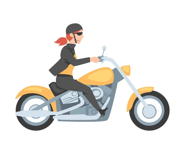 ( 영어 ) Young Woman Riding Motorcycle, Side View of Girl Biker Character in Helmet Driving Yellow Motorbike Cartoon Style Vector Illustration — 스톡 벡터