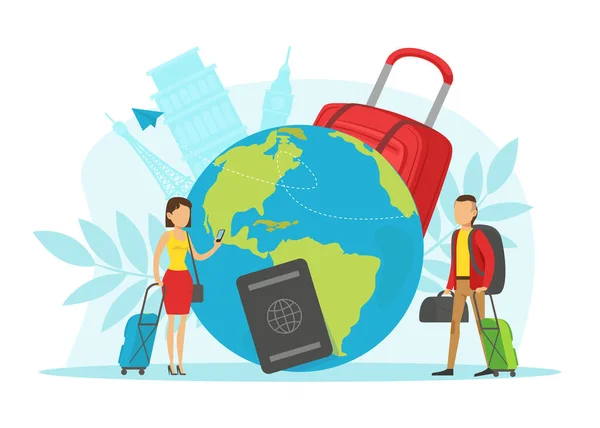 Gente que viaja alrededor del mundo. Personajes minúsculos con equipaje de vacaciones Vector plano Ilustración — Archivo Imágenes Vectoriales