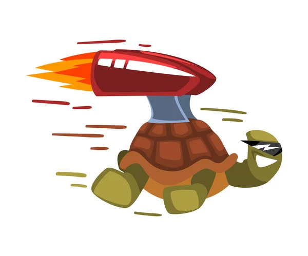 Tortuga rápida, personaje divertido de dibujos animados de animales con Turbo Speed Booster e ilustración de vectores de fuego sobre fondo blanco. — Vector de stock