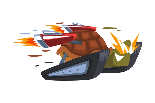 Fast Turtle, Cyborg Dier stripfiguur met Turbo Speed Booster en Fire Vector Illustratie op witte achtergrond — Stockvector