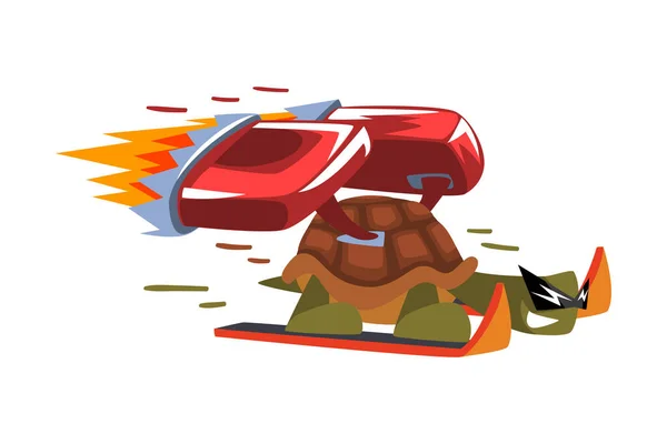 Esquí rápido de tortuga, personaje divertido de dibujos animados de animales con Turbo Speed Booster e ilustración de vectores de fuego sobre fondo blanco — Vector de stock