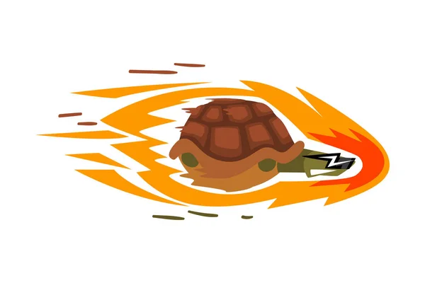 Tortuga rápida sobre ruedas, personaje divertido de la historieta del animal de la tortuga con la ilustración del vector del fuego en fondo blanco. — Archivo Imágenes Vectoriales
