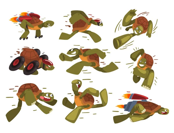 Colección de tortugas rápidas, Funny Tortuga Animales Personajes de dibujos animados Correr, Velocidad Líderes Vector Ilustración sobre fondo blanco — Archivo Imágenes Vectoriales