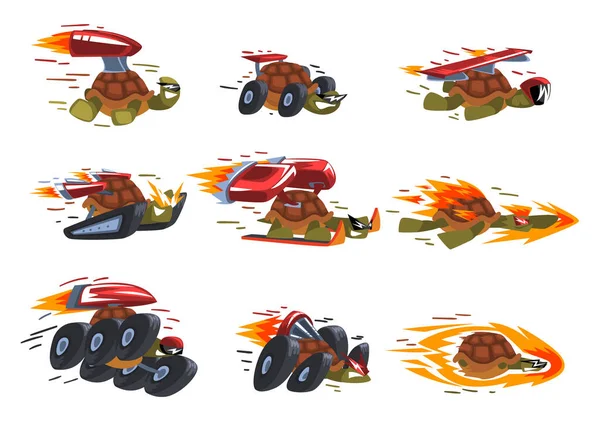 Coleção de Tartarugas Rápidas, Personagens de Desenhos Animados com Turbo Speed Boosters e Ilustração do Vetor de Fogo em Fundo Branco — Vetor de Stock