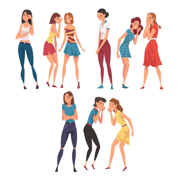 Γυναικείες φίλες Cynically Gossiping and Giggling Behind the Backs of Sad, Stressed Girls Cartoon Vector illustration on White Background — Διανυσματικό Αρχείο