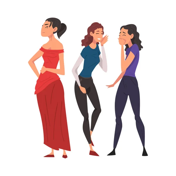 Two Girl Friends Gossiping and Giggling Behind Beautiful Woman in Red Dress Cartoon Vector Illustration on White Background — Stock Vector