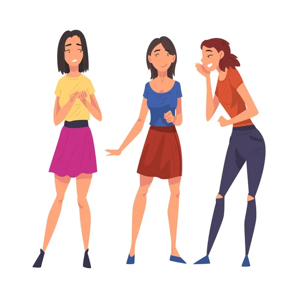 Duas amigas Gossiping e rindo por trás perturbado estressado menina desenho animado vetor ilustração no fundo branco —  Vetores de Stock