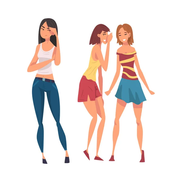 Dos amigas cotilleando y riéndose detrás de la espalda de una chica enojada estresada ilustración vectorial de dibujos animados sobre fondo blanco — Vector de stock