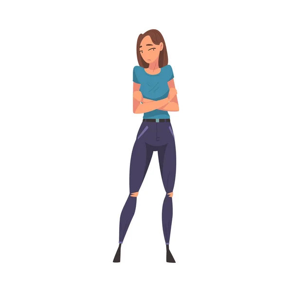 Stressed Brunette Girl in Casual Clothes Standing with Folded Hands Cartoon Vector Illustration on White Background — 스톡 벡터