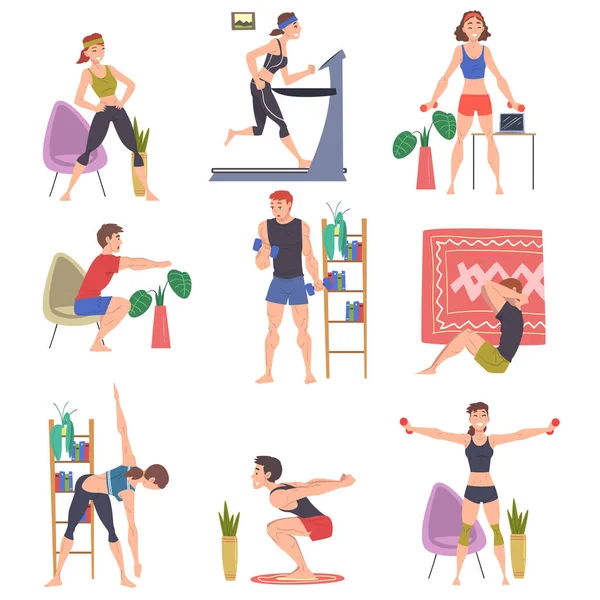 People Doing Sports at Home Set, Men and Women Physical Activity and Healthy Lifestyle Concept, Stay Home, Keep Fit and Positive Cartoon Style Vector Illustration — Stock Vector