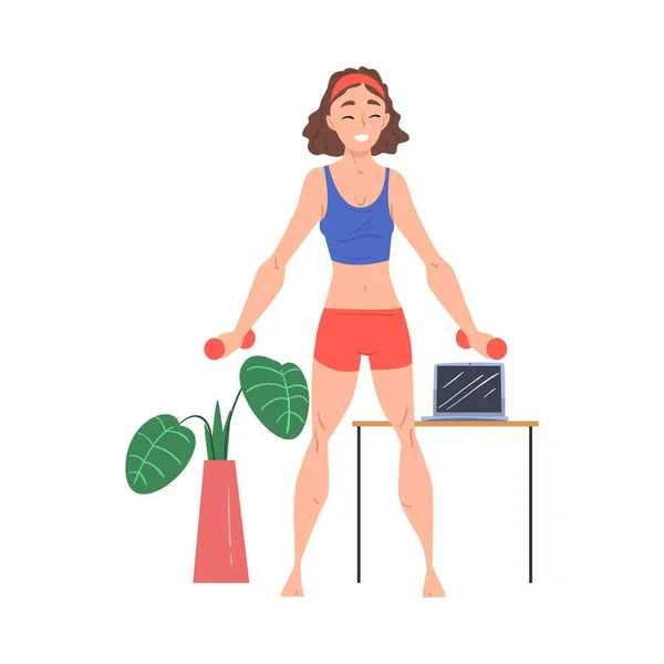 Young Woman Exercising with Dumbbells at Home, Girl Doing Workout Indoor, Physical Activity and Healthy Lifestyle Concept, Stay Home, Keep Fit, and positive Cartoon Style Vector Illustration — 스톡 벡터