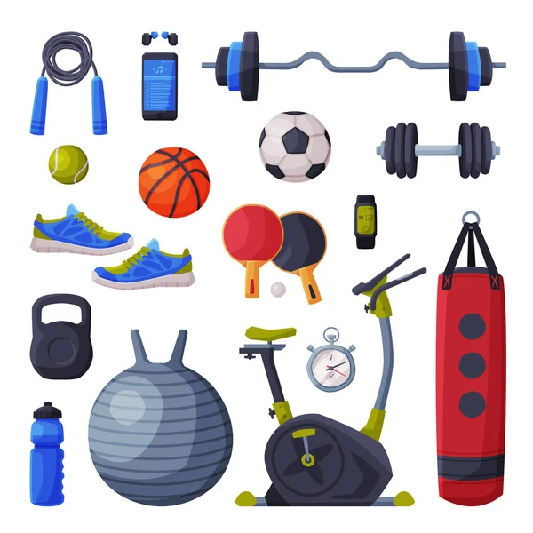 Diverse Sport Apparatuur en Accessoires Set, Basketbal, Boksen, Voetbal, Tafeltennis Objecten Vector Illustratie op Witte Achtergrond — Stockvector