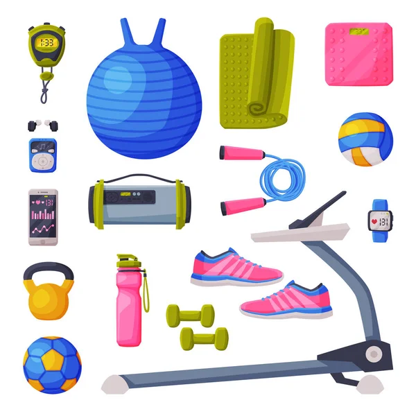 Various Sport Equipment and Accessories Set, Fitness and Yoga Objects Vector Illustration on White Background — Stock Vector