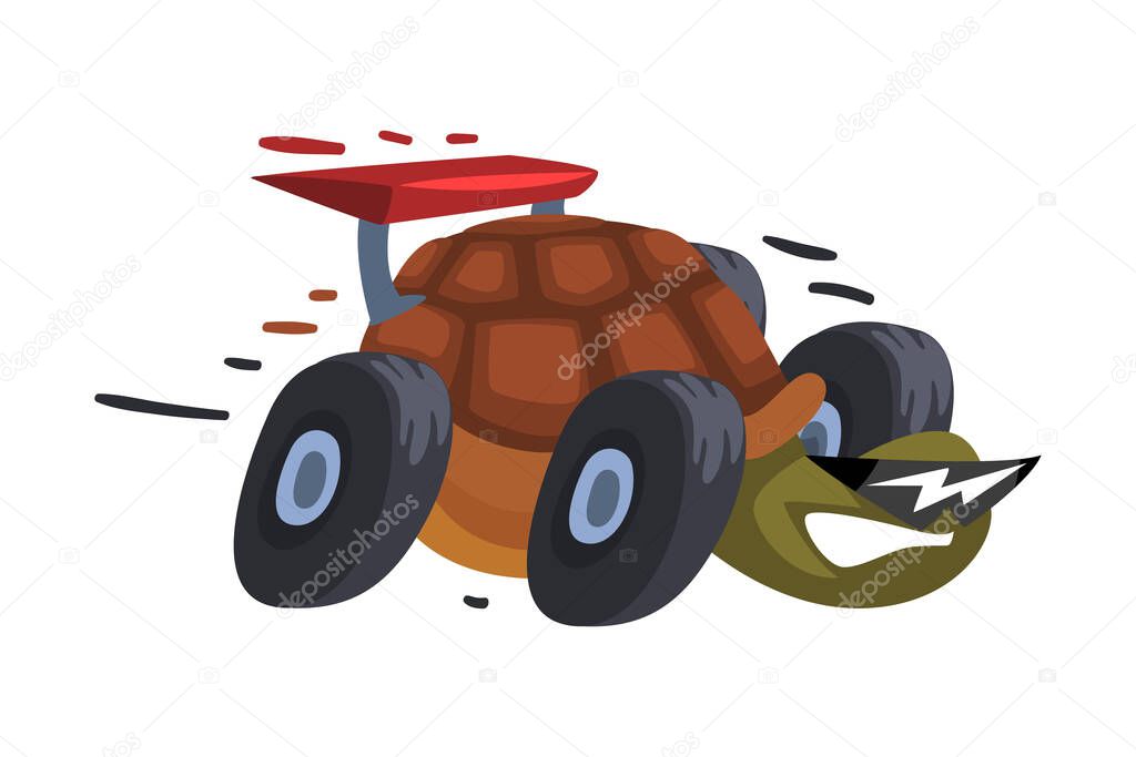 Fast Turtle on Wheels, Funny Animal Cartoon Character with Turbo Speed Booster and Fire Vector Illustration on White Background.