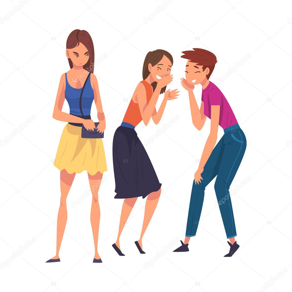 Two Girl Friends Gossiping and Giggling Behind Sad Lonely Girl Cartoon Vector Illustration on White Background