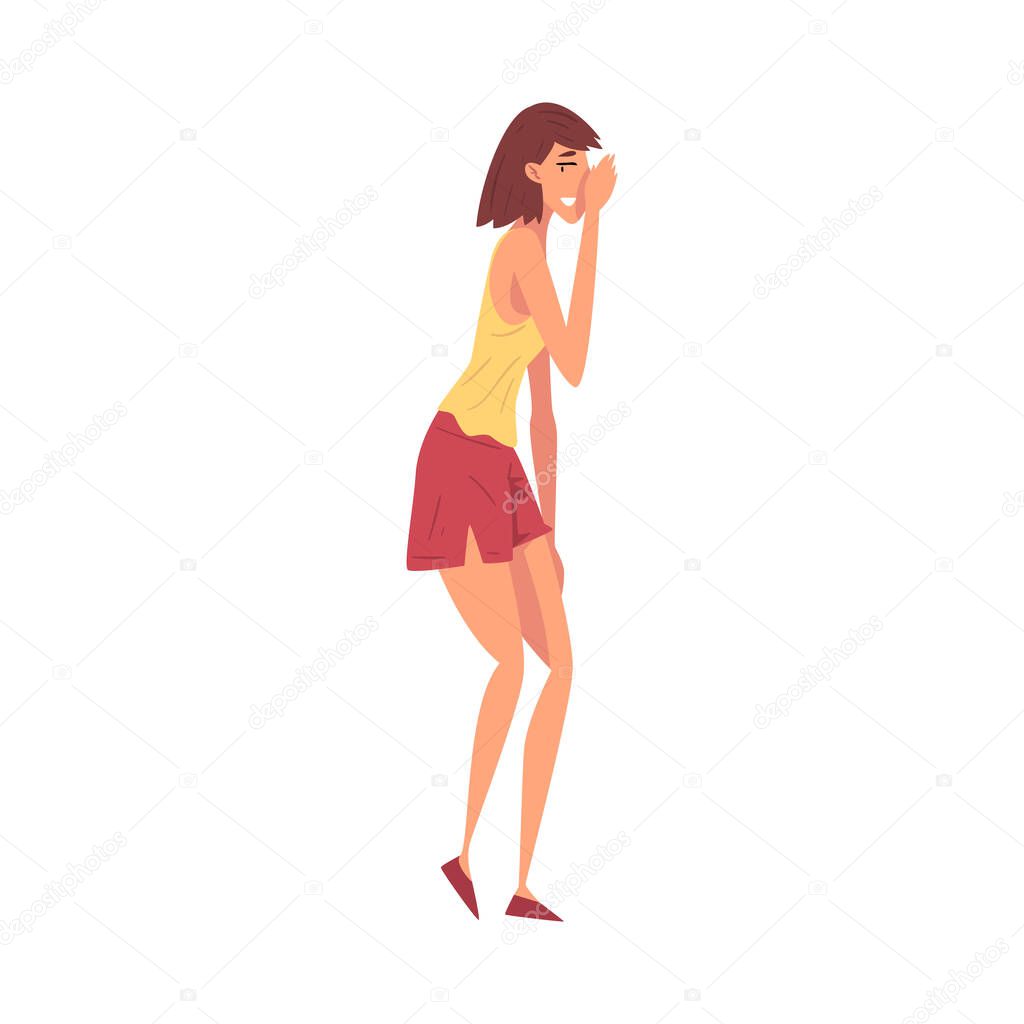 Beautiful Smiling Girl Whispering Gossip, Young Woman Telling Secret to another One Cartoon Vector Illustration on White Background