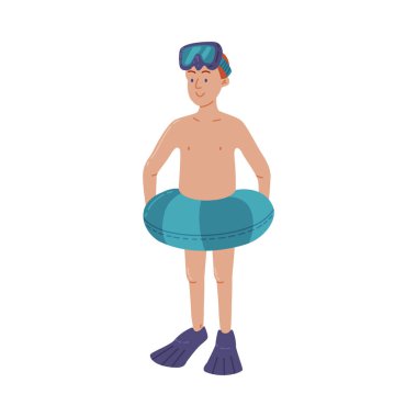 Şişme Lastik Yüzük, Seyahat ve Tatil Konsepti Çizgi Film Stili Vektör İllüstrasyonuyla Duran Çocuk