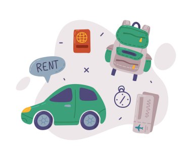 Seyahat ya da Tatil Nesneleri Seti, Araba Kiralama, Sırt Çantası, Pasaport ve Biletler, Tatillerde Seyahat, Macera, Turizm Çizgi Filmi Tarzı Vektör Resimleri