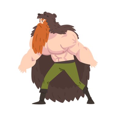 Viking Savaşçısı, İskandinav Mitoloji Karakteri Geleneksel Giysiler ve Kürk Çizgi Film Tarzı Vektör Çizimi