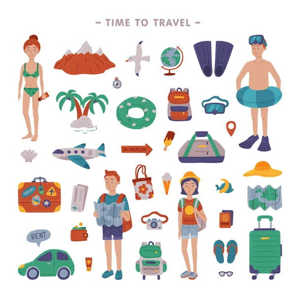 People Tourists with Traveler Accessories Set, Summer Beach Holidays, Hiking, Tourism Concept Cartoon Style Vector Illustration — Stock Vector