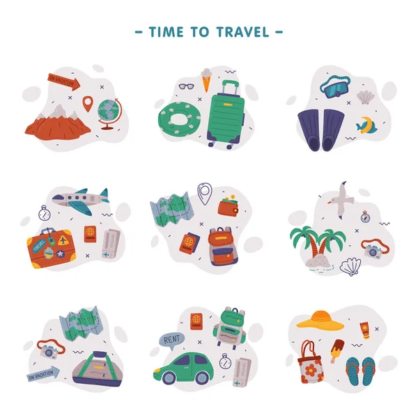 Time to Travel, Traveler Accessories Set, Summer Beach Holidays, Hiking on Vacation, Tourism Concept Cartoon Style Vector Illustration — Stock Vector