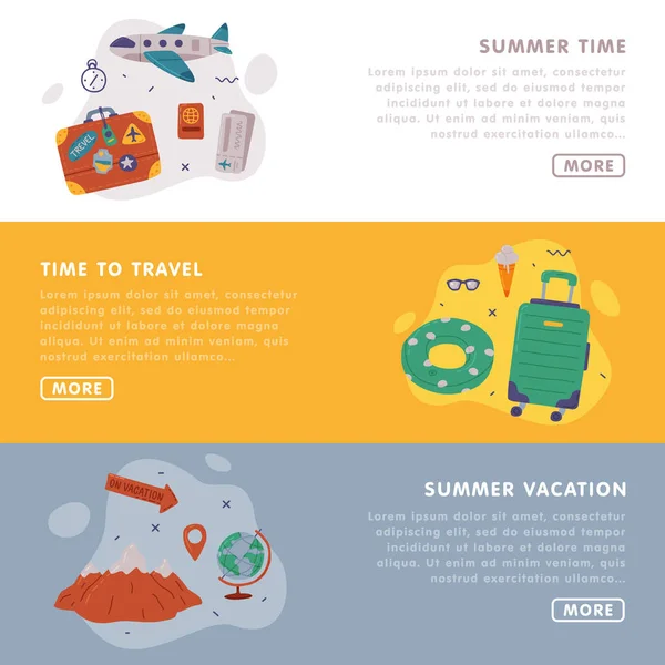 Czas na podróż Landing Page Templates Set, Letnia podróż w wakacje, Cel podróży, Przygoda, Ilustracja wektora turystyki — Wektor stockowy