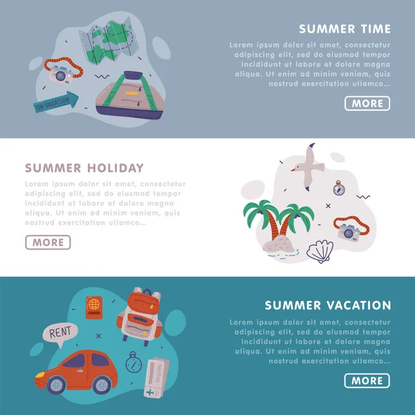 Summer Time Landing Page Szablony zestaw, Podróż letnia, Podróże Cel podróży, Turystyka Stronie internetowej, Strona główna Wektor Ilustracja — Wektor stockowy