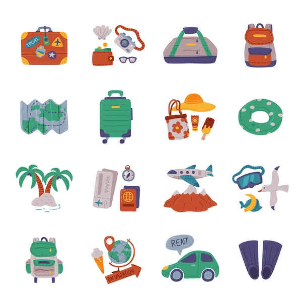 Summer Vacation Objects Set, Tempo para Viajar, Acessórios para Viajantes, Férias na Praia de Verão, Conceito de Turismo Desenhos Animados Estilo Vetor Ilustração —  Vetores de Stock