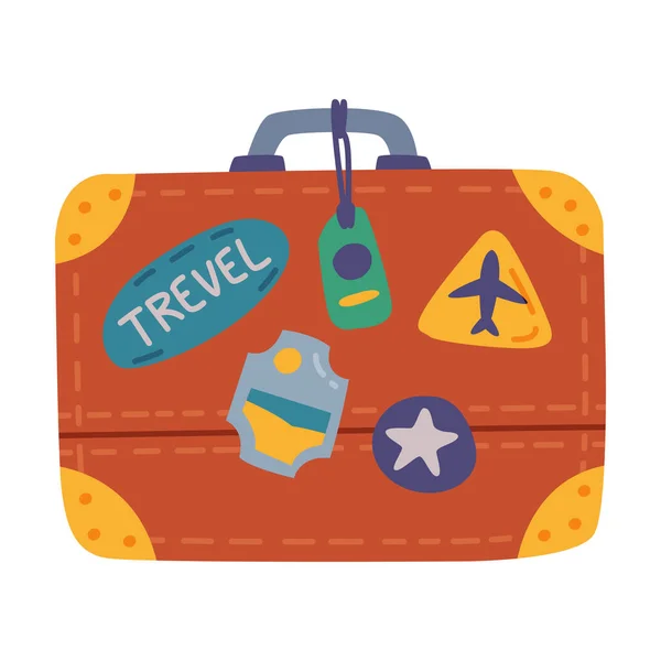 Retro Leather Suitcase with Travel Stickers, Travel and Vacation Accessory Cartoon Style Vector Illustration — Stock Vector