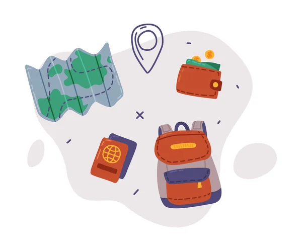 Viagens ou férias conjunto de objetos, Mapa, Passaporte e Mochila, Viagem de Férias, Aventura, Turismo Desenhos Animados Estilo Vetor Ilustração —  Vetores de Stock