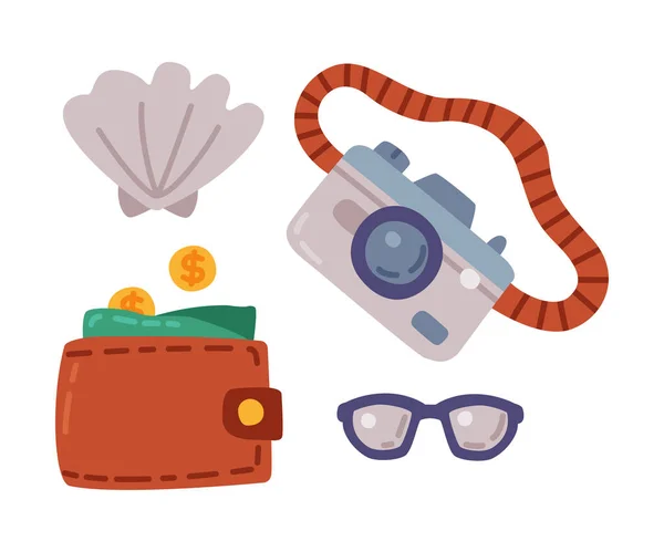 Travel or Vacation Accessories Set, Leather Wallet, Camera, Sunglasses, Journey on Holidays, Adventure, Tourism Cartoon Style Vector Illustration — 스톡 벡터