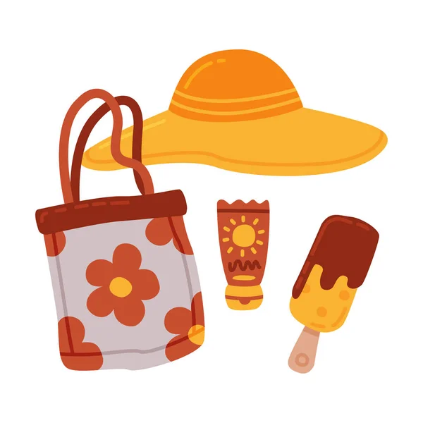 Set de accesorios de viaje o vacaciones, sombrero de paja, loción protector solar y helado, viaje de vacaciones, aventura, turismo ilustración vectorial de estilo de dibujos animados — Archivo Imágenes Vectoriales