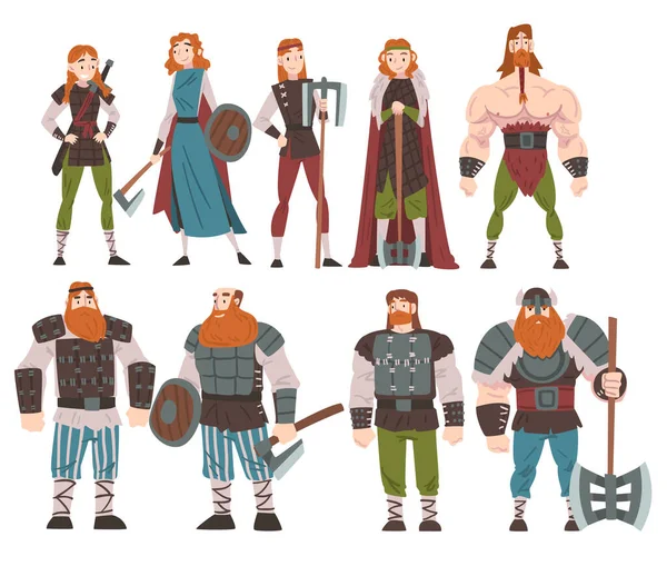 Vikingos con Arma y Conjunto de Dracar Antiguo, Guerreros Medievales Masculinos y Femeninos, Personajes de Mitología Escandinava en Traje Tradicional Estilo de Dibujos Animados Ilustración Vectorial — Vector de stock