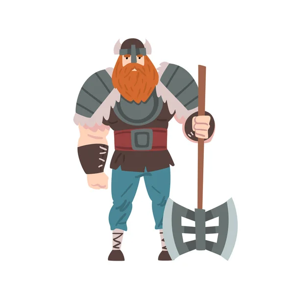 Sterke Viking krijger met dubbele bijl, Scandinavische mythologie karakter in traditionele outfit cartoon stijl vector illustratie — Stockvector