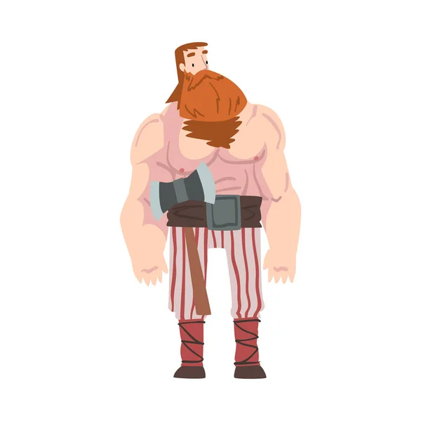 Guerrero vikingo, personaje de mitología escandinava barbuda roja en traje tradicional ilustración vectorial de estilo de dibujos animados — Vector de stock