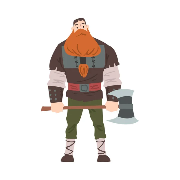 Wikinger Krieger mit Axt, rote skandinavische Mythologie Figur in traditionellem Outfit Cartoon Style Vector Illustrationr — Stockvektor
