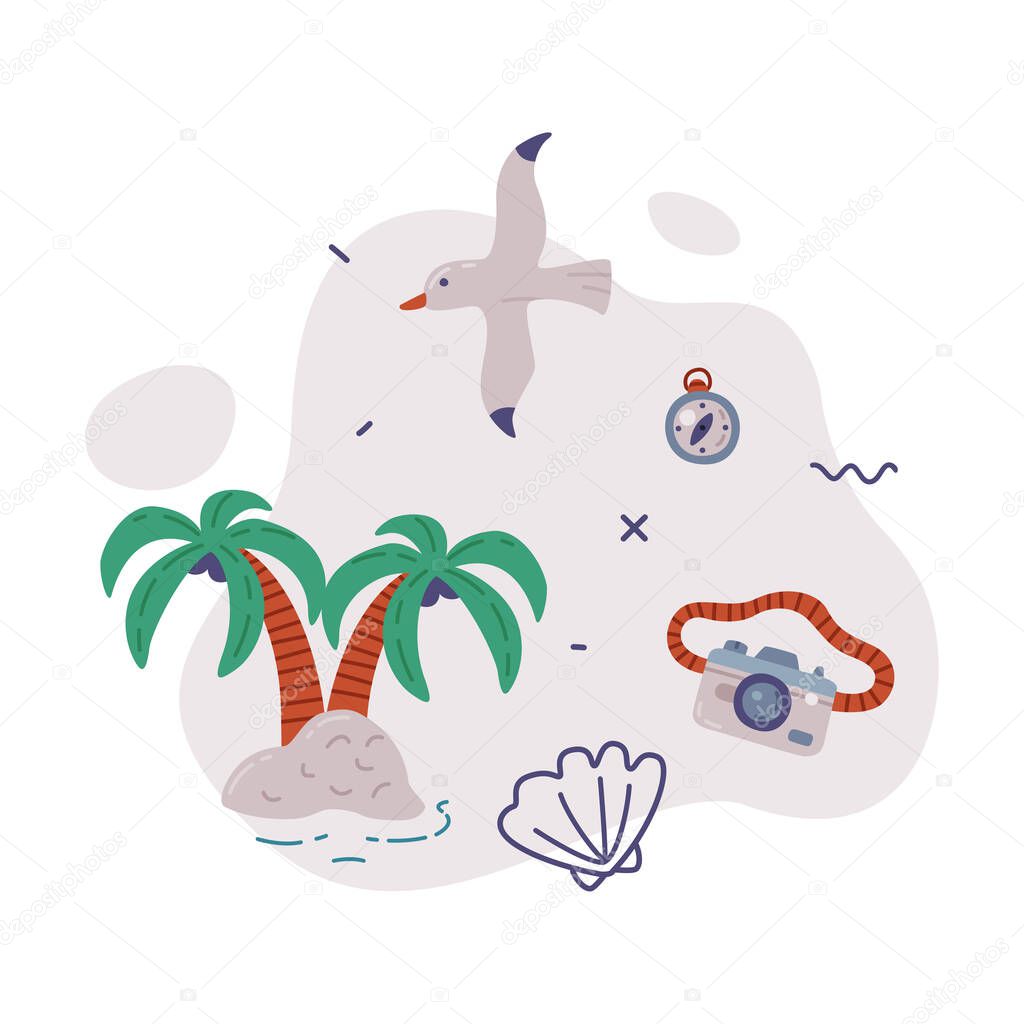 Travel or Vacation Objects Set, Tropical Palm Trees, Seagull, Camera, Journey on Holidays, Adventure, Tourism Cartoon Style Vector Illustration