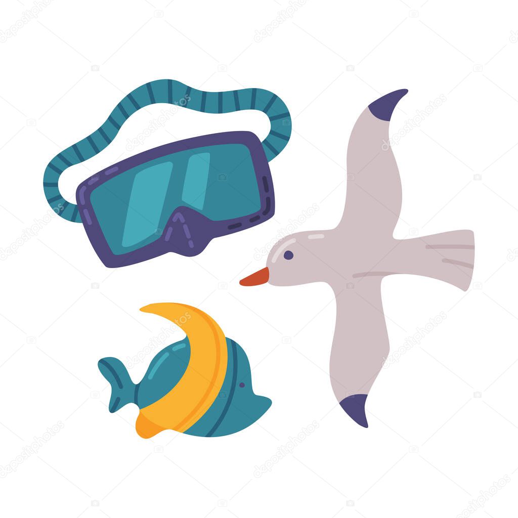 Travel or Vacation Accessories Set, Diving Mask, Seagull, and Sea Fish, Journey on Holidays, Adventure, Tourism Cartoon Style Vector Illustration
