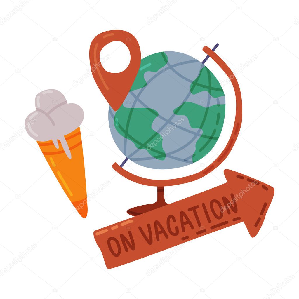 Travel or Vacation Objects Set, Globe with Location Pin and Ice Cream, Journey on Holidays, Adventure, Tourism Cartoon Style Vector Illustration