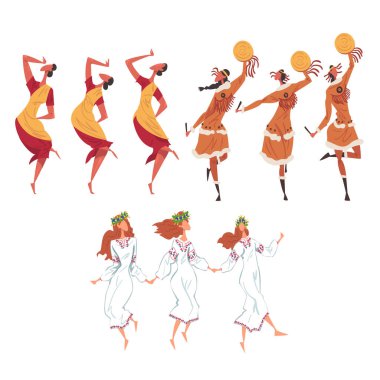 Geleneksel Dans Seti, Farklı Milletten İnsanlar Geleneksel Çizgi Film Stili Resimleri Giyen Halk Dansları