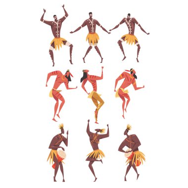 Afrika Ritüel Dansı, Geleneksel Kostüm Giyen İnsanlar Çizgi Film Stili Vektör İllüstrasyonu