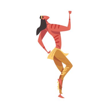 Yerli Amerikan Ayin Dansı, Erkek Dans Geleneksel Kostüm Çizgi Filmi Tarzı Vektör İllüstrasyonu