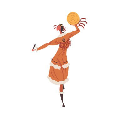 Native American Indian Ritual Dance, Indian Woman Dancing with Tambourine Wearing Traditional Dress Cartoon Style Vector Illustration clipart