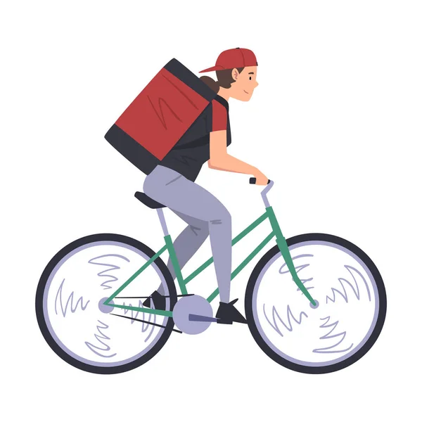 Express Delivery Service, Αρσενικό Courier Delivering Fast Food Meal on Bicycle Cartoon Style Εικονογράφηση διάνυσμα — Διανυσματικό Αρχείο