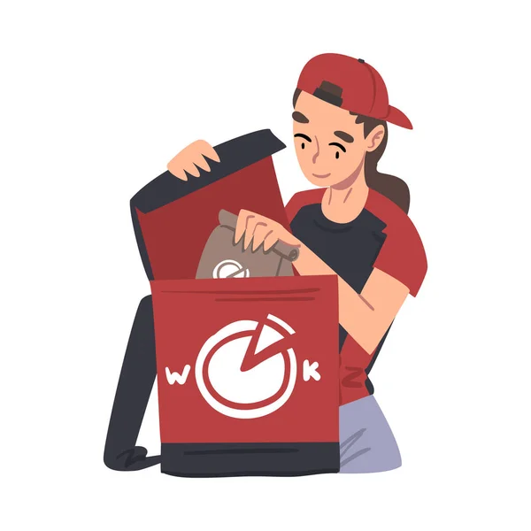 Girl Courier Packing Fast Food Meal in Backpack Box, Food Express Delivery Service Cartoon Style Vector Illustration — Stock Vector