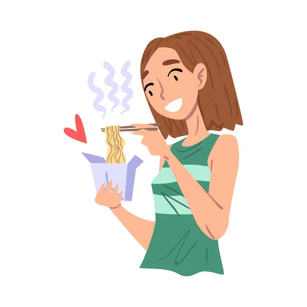 女の子は箸で麺を食べる,食品エクスプレス配達サービスコンセプト漫画スタイルベクトルイラスト — ストックベクタ