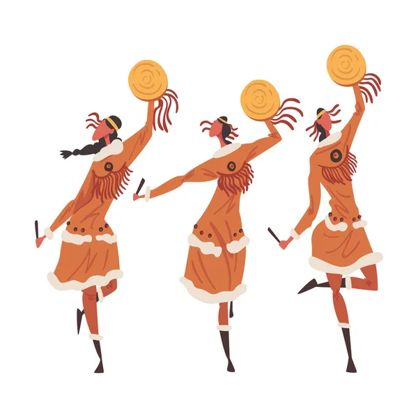 Индейский ритуальный танец коренных американцев, три молодые женщины танцуют с бубнами в традиционном стиле мультфильма векторная иллюстрация — стоковый вектор